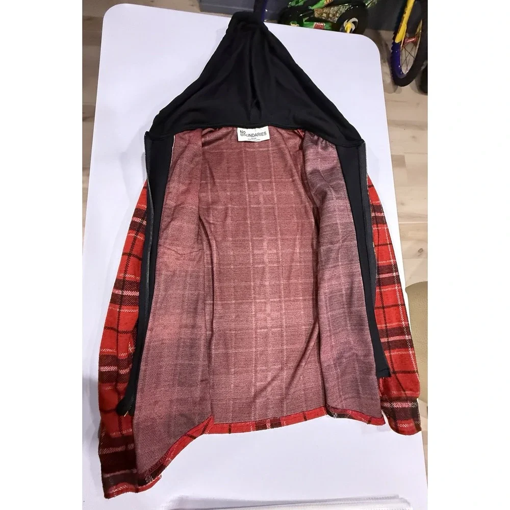 No Boundaries  XXS Plaid Hooded Button Up Flannel Shirt Jacket